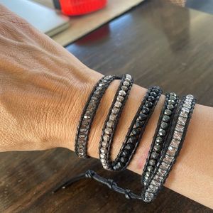 Chan Luu black leather wrap. Clear crystal quartz , black onyx and hematite